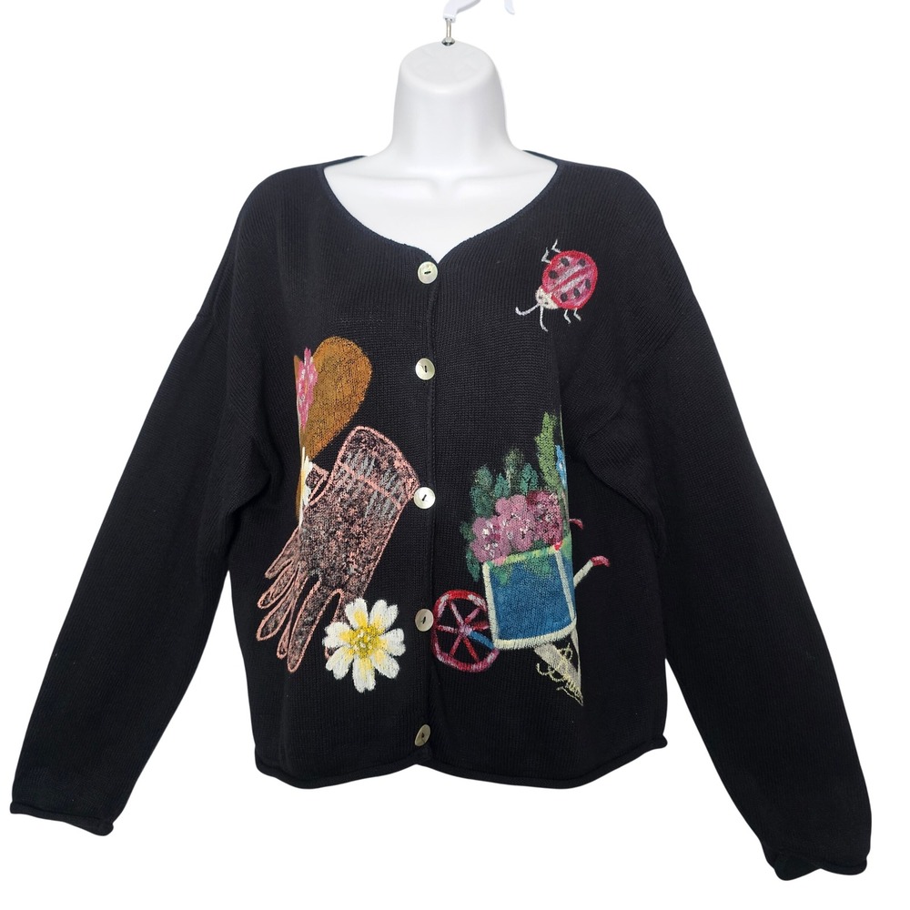 Bruana Hand Painted Garden Cardigan Women L Black Ladybug Vintage USA